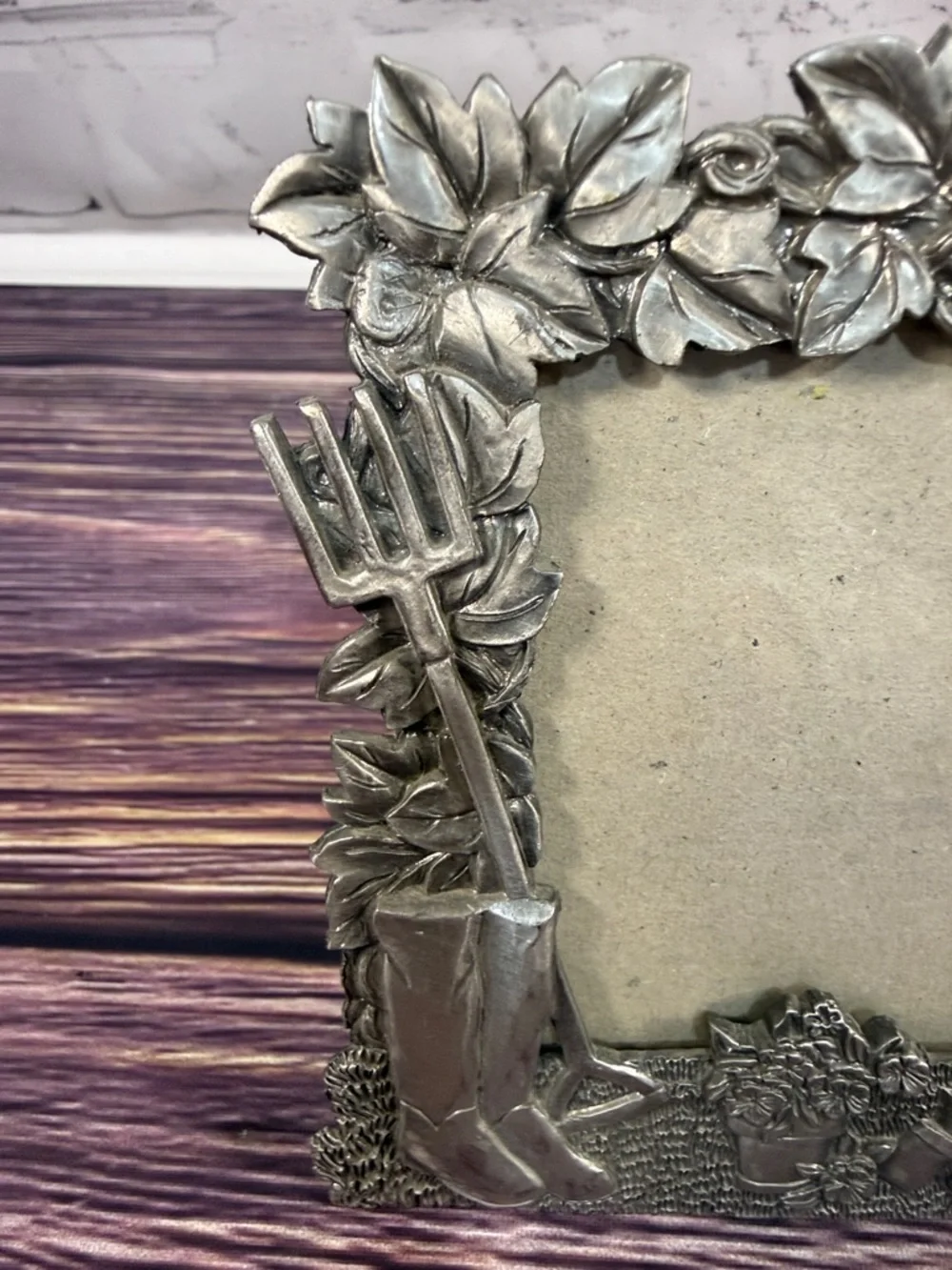 Perfect Art Nouveau Pewter Garden Theme Silver Photo Frame. Watering Can Flowers